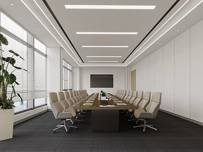 Modern Conference Room with Long Table Light-Colored Chairs Large Windows Green Plant and Bright Lights 3d model