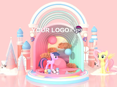 Vibrant Photo Check In Spot With Rainbow Arch Castles Pony Characters And Pink Background 3d model