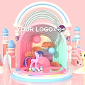 Vibrant Photo Check In Spot With Rainbow Arch Castles Pony Characters And Pink Background