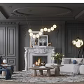 Elegant Living Room Interior With Gray Walls Circular Chandelier Fireplace Blue Armchairs And Beige Sofa