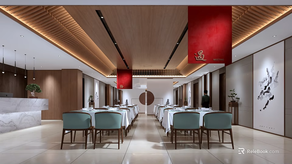 Elegant Chinese Restaurant Dining Area With Wooden Ceiling Red Decor And Circular Elements 3d model