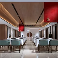 Elegant Chinese Restaurant Dining Area With Wooden Ceiling Red Decor And Circular Elements 3d model
