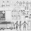 Comprehensive Fire Safety Equipment Collection With Extinguishers Hydrants Axes Hoses Fire Truck And Uniforms