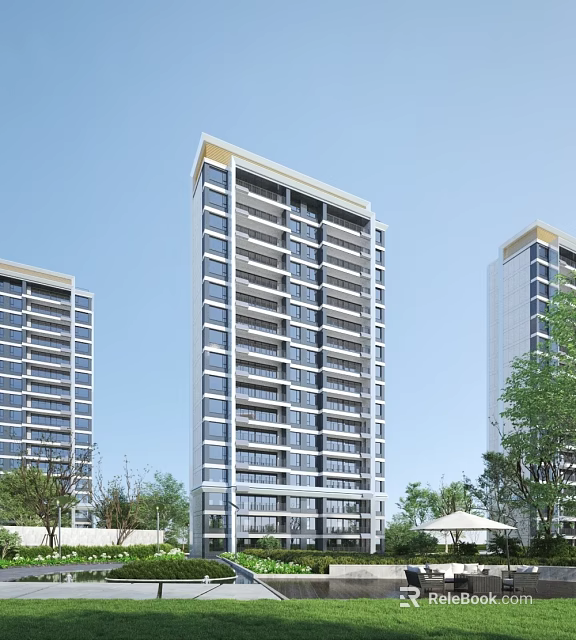 Modern High Rise Residential Buildings With Glass Windows And Green Trees Under Blue Sky 3d model 