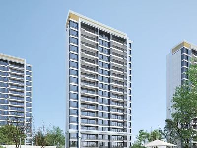 Modern High Rise Residential Buildings With Glass Windows And Green Trees Under Blue Sky 3d model