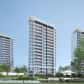 Modern High Rise Residential Buildings With Glass Windows And Green Trees Under Blue Sky