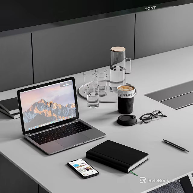 Efficient Modern Office Desk Setup with Laptop Mobile Phone and Essential Office Appliances 3d model 