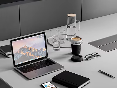 Efficient Modern Office Desk Setup with Laptop Mobile Phone and Essential Office Appliances 3d model