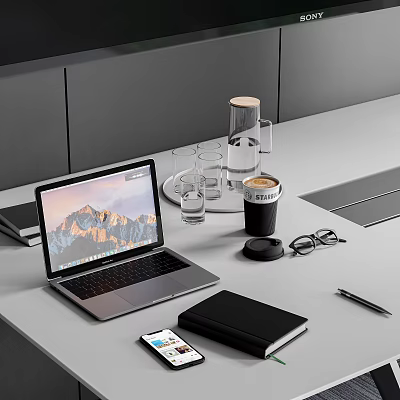 Efficient Modern Office Desk Setup with Laptop Mobile Phone and Essential Office Appliances 3d model