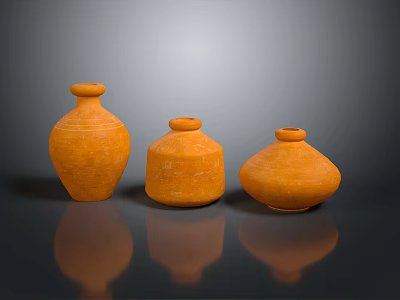 Three Orange Terracotta Vases With Various Shapes On Dark Background And Reflections 3d model