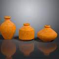 Three Orange Terracotta Vases With Various Shapes On Dark Background And Reflections
