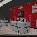 Interactive Area Corridor With Red Backdrop White Tablecloth Tables And Wavy Pattern Carpet 3d model