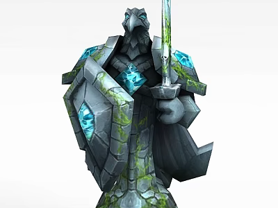 Ancient Stone Tower Featuring Eagle Headed Warrior Statue With Blue Gems Sword Shield And Moss 3d model