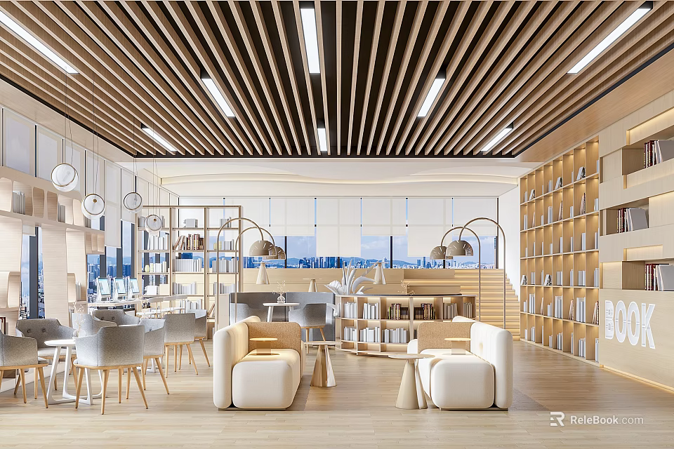 Modern Library Interior Design With Wooden Slat Ceiling Linear Lights And Bookshelves 3d model 