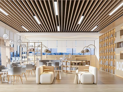 Modern Library Interior Design With Wooden Slat Ceiling Linear Lights And Bookshelves 3d model