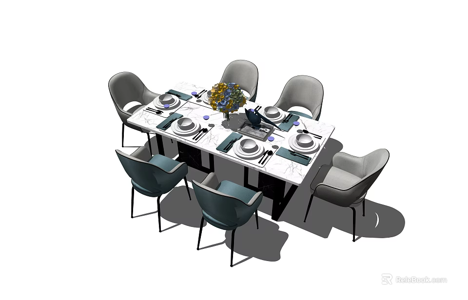 Modern Dining Table Set with Six Stylish Chairs Tableware Arrangement Flower Vase and Bouquet Centerpiece 3d model 