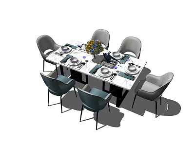 Modern Dining Table Set with Six Stylish Chairs Tableware Arrangement Flower Vase and Bouquet Centerpiece 3d model