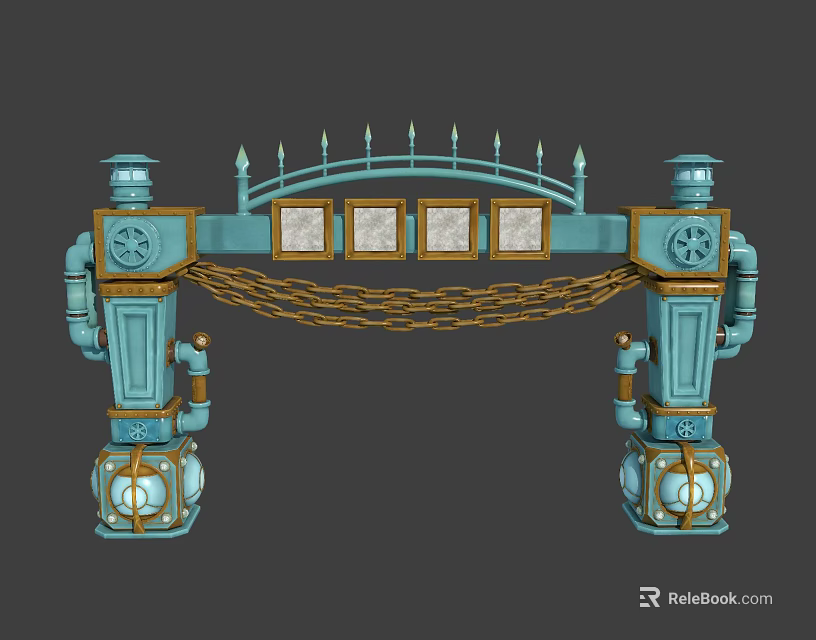 Ornate Blue And Gold Decorative Archway With Pillars Lanterns And Chains 3d model 