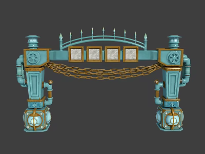 Ornate Blue And Gold Decorative Archway With Pillars Lanterns And Chains 3d model