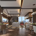 Modern Restaurant Interior With Neat Tables Chairs Hanging Lights Large Windows And City View