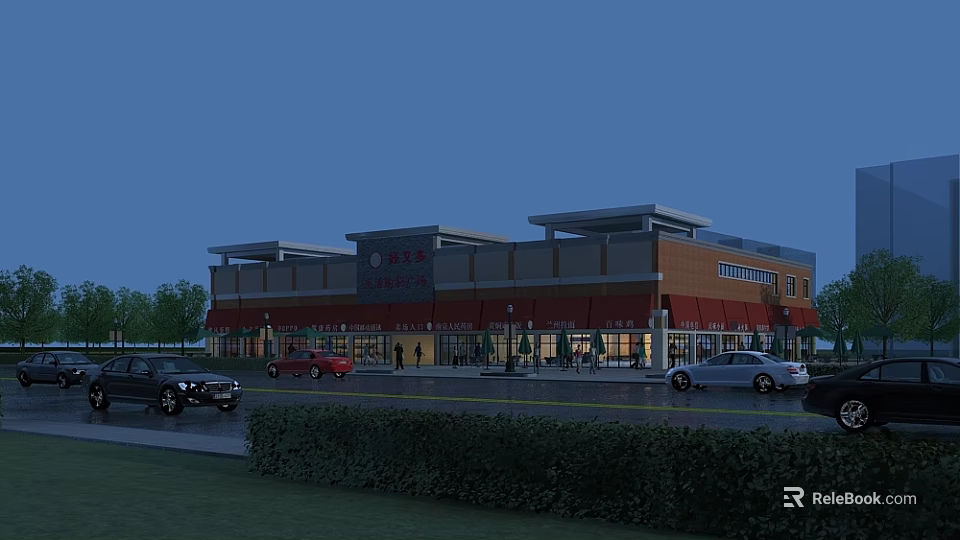 Commercial Street Night View With Building Exterior Red Awnings Pedestrians And Parked Cars 3d model 