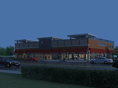 Commercial Street Night View With Building Exterior Red Awnings Pedestrians And Parked Cars 3d model