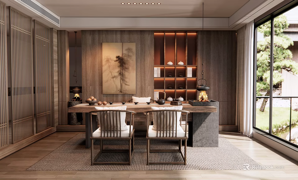 Traditional Chinese Tea Room With Wooden Decor And Artwork 3d model 