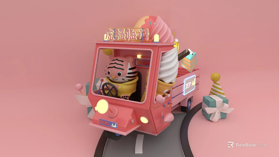 Cute Tiger Baby Driving Pink Ice Cream Truck With Gift Boxes And Decorations 3d model 