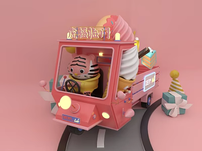Cute Tiger Baby Driving Pink Ice Cream Truck With Gift Boxes And Decorations 3d model