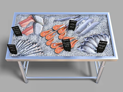 Fresh Aquatic Animals Displayed on Metal Stand with Fish Shrimp and Price Tags 3d model
