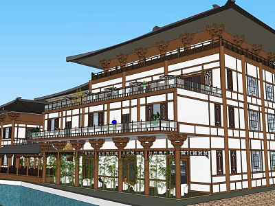 Chinese Style Hotel Building With Two Story Wooden Frame White Walls Balconies And Pool 3d model