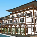 Chinese Style Hotel Building With Two Story Wooden Frame White Walls Balconies And Pool