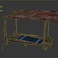 Wooden Street Vendor Stall with Red Canopy Blue and White Checkered Cloth Platform and Wheels