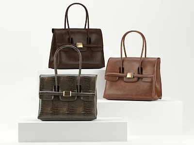 Stylish Leather Handbags With Top Handles And Metal Buckles On White Display Pedestals 3d model