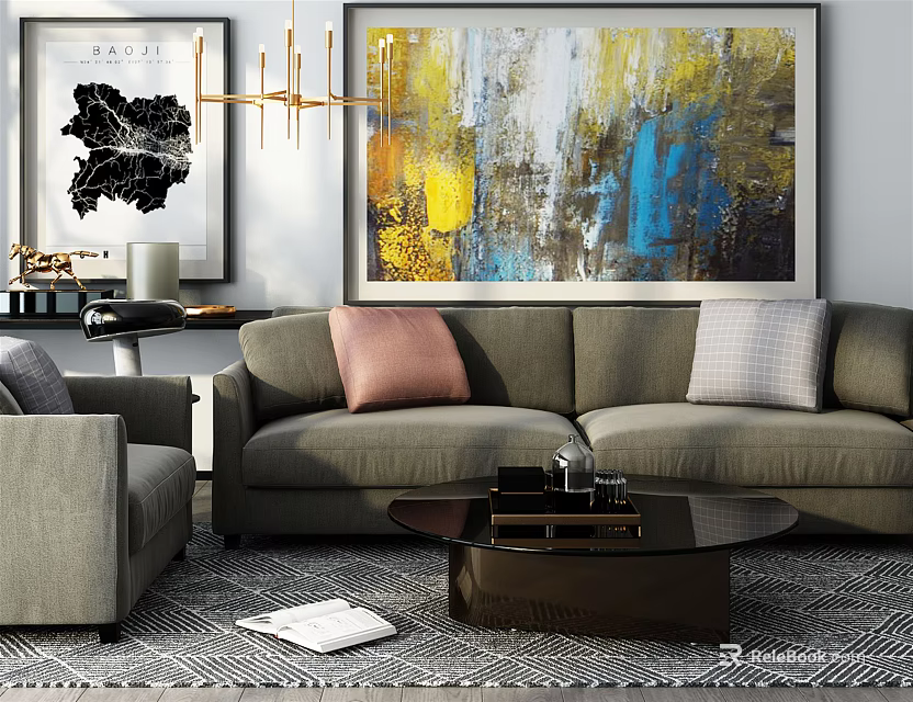 Gray Sofa With Throw Pillows And Dark Coffee Table Set With Wall Art And Chandelier 3d model 