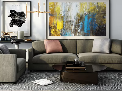 Gray Sofa With Throw Pillows And Dark Coffee Table Set With Wall Art And Chandelier 3d model