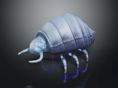 Blue Pill Bug With Glowing Eyes And Purple Legs 3D Model On Black Background 3d model