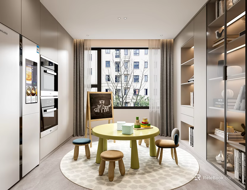 Modern Entertainment Room Interior With Green Round Table Stools Chalkboard Large Window And Bookshelves 3d model 