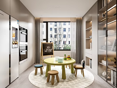 Modern Entertainment Room Interior With Green Round Table Stools Chalkboard Large Window And Bookshelves 3d model