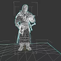 Game Movie Character Standing On Gray Platform In Hooded Robe With Armor