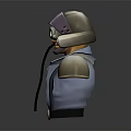 Game Movie Character With Purple Helmet Goggles Blue Vest Shoulder Armor And Suspenders
