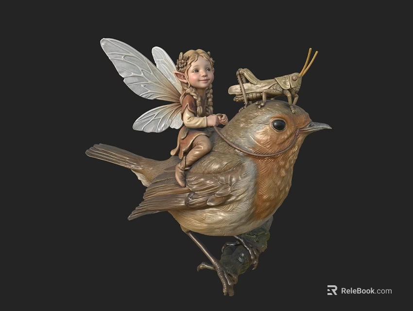 Fantasy Game Movie Character Fairy With Wings Braids Riding Bird And Grasshopper 3d model 