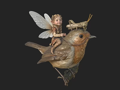 Fantasy Game Movie Character Fairy With Wings Braids Riding Bird And Grasshopper 3d model
