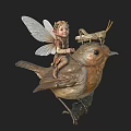 Fantasy Game Movie Character Fairy With Wings Braids Riding Bird And Grasshopper