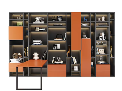 Modern Orange And Gray Bookshelf With Layered Shelves Storage Drawers And Decorative Items 3d model