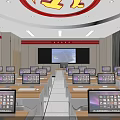 School Computer Classroom With Desks Computers Red Wall Posters And Circular Ceiling Lights 3d model