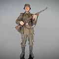 Man Dressed in Vintage Military Uniform Carrying Rifle Against Gray Background