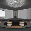Modern Living Room With Circular Seating Wooden Coffee Tables Feather Chandelier And Window Forest View