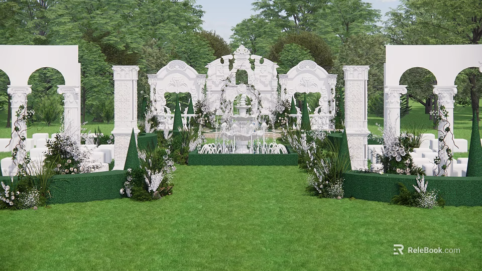 Elegant Garden Landscape Featuring White Arches Intricate Decorations Lush Green Lawn And Trimmed Hedges 3d model 