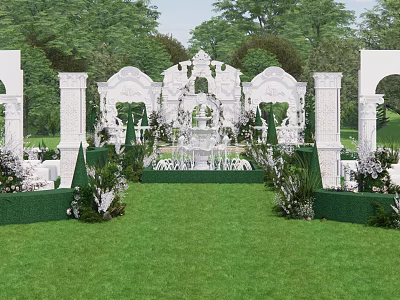 Elegant Garden Landscape Featuring White Arches Intricate Decorations Lush Green Lawn And Trimmed Hedges 3d model
